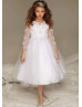 Long Sleeves Beaded Lace Tulle Tea Length Flower Girl Dress